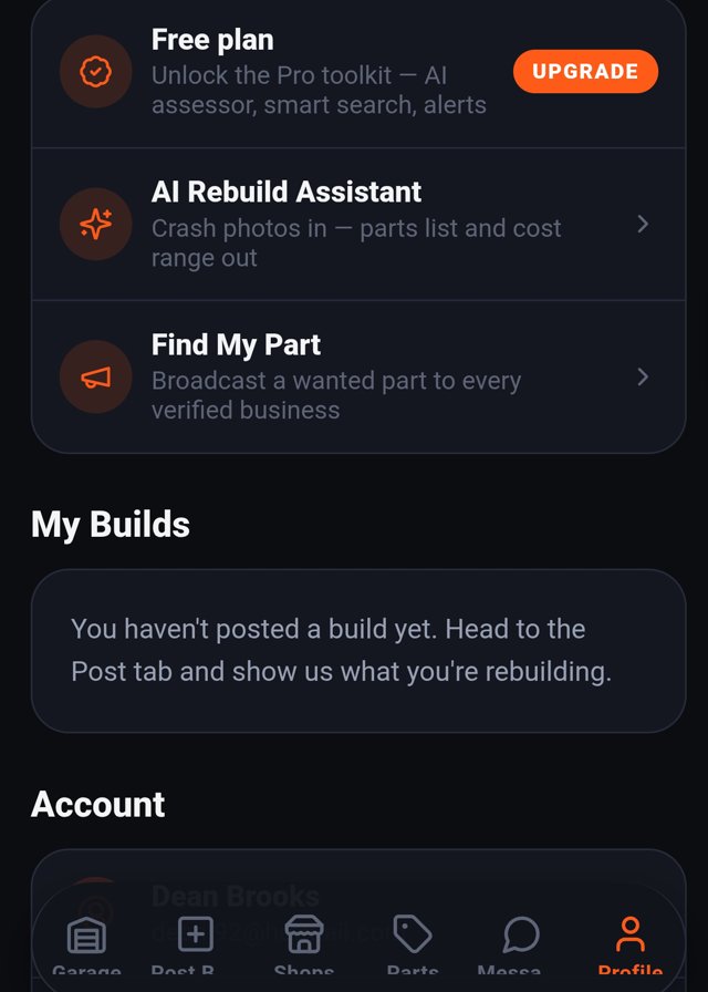 The AI Rebuild Assistant and Find My Part tools in the Help & Rebuild app